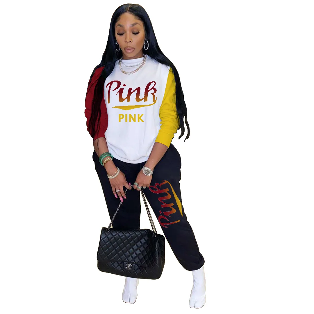 

Women's High Waist Casual Two Piece Set 2020 Autumn New Pink Sport Loose Thick Sweatpants Fashion New Tracksuit Femme Blue Khaki