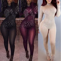 new sexy night party club women black lace sheer mesh jumpsuit casual rhinestone long sleeve bodycon rompers female overalls