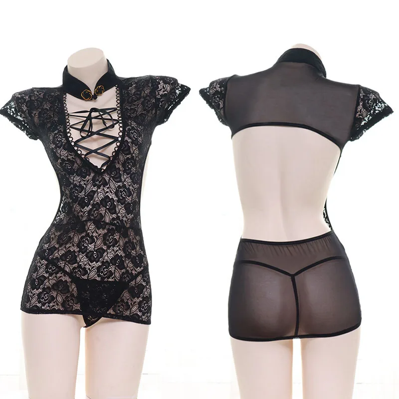

Punk Lolita Lace Cheongsam Sexy Womens Lingerie Set See Through Cosplay Costumes Flower Pattern Sleepwear Outfit Night wear