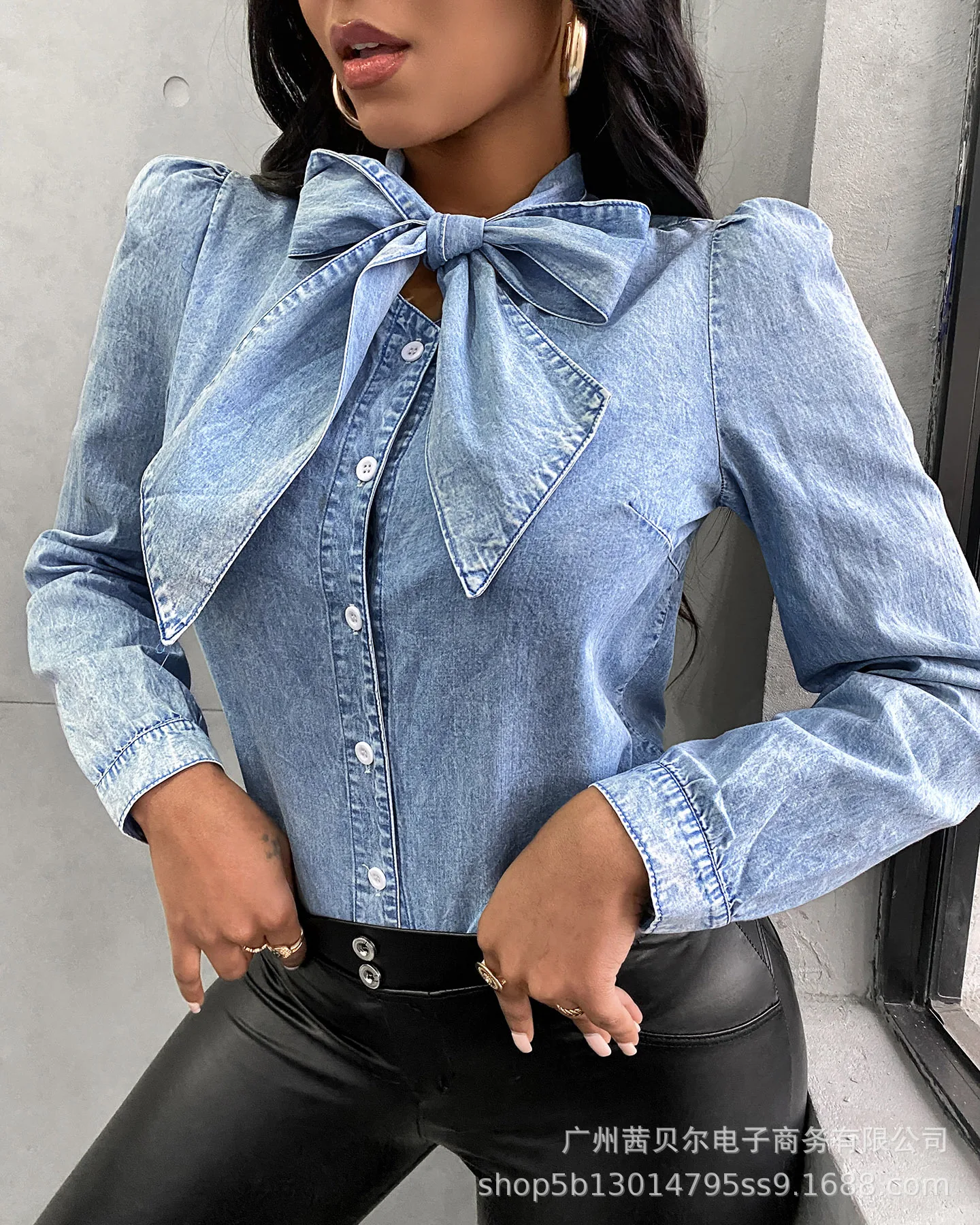 

Buttons with Puff Sleeves Fashion Spring and Autumn Denim Top Women Denim Shirt Casual Bowknot Long-sleeved