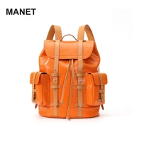 orange leather outdoor bag for men large capacity 19 6 laptop backpack school male female retro designer bag travle mochila