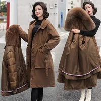 2022 new winter jackets for women long solid wool liner long female parkas hooded with fur collar thick coat