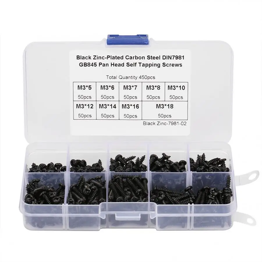 M3 Stainless Steel Tapping Screws Screw Pan Self screws Set Assortment Kit Black Fastener New Arrival 450Pcs | Обустройство дома