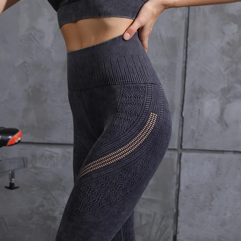 

Seamless Hallow Out Jacquard Running Fitness pants High Waist Washable Sports Gym Wear Yoga Set
