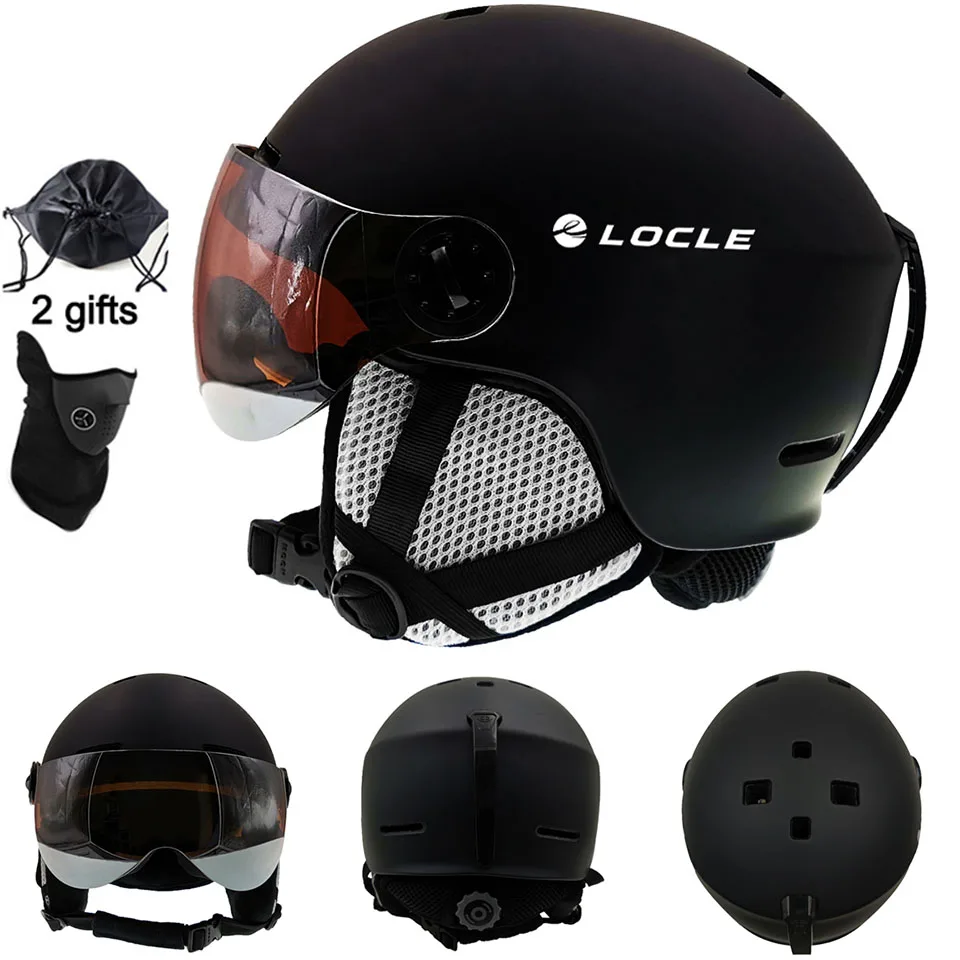 Black Helmet LOCLE мужской женский лыжный шлем в форме формы зимние спортивные лыжные шлемы лыжный сноуборд с очками маска снег скейт шлем - Цвет: Black Helmet