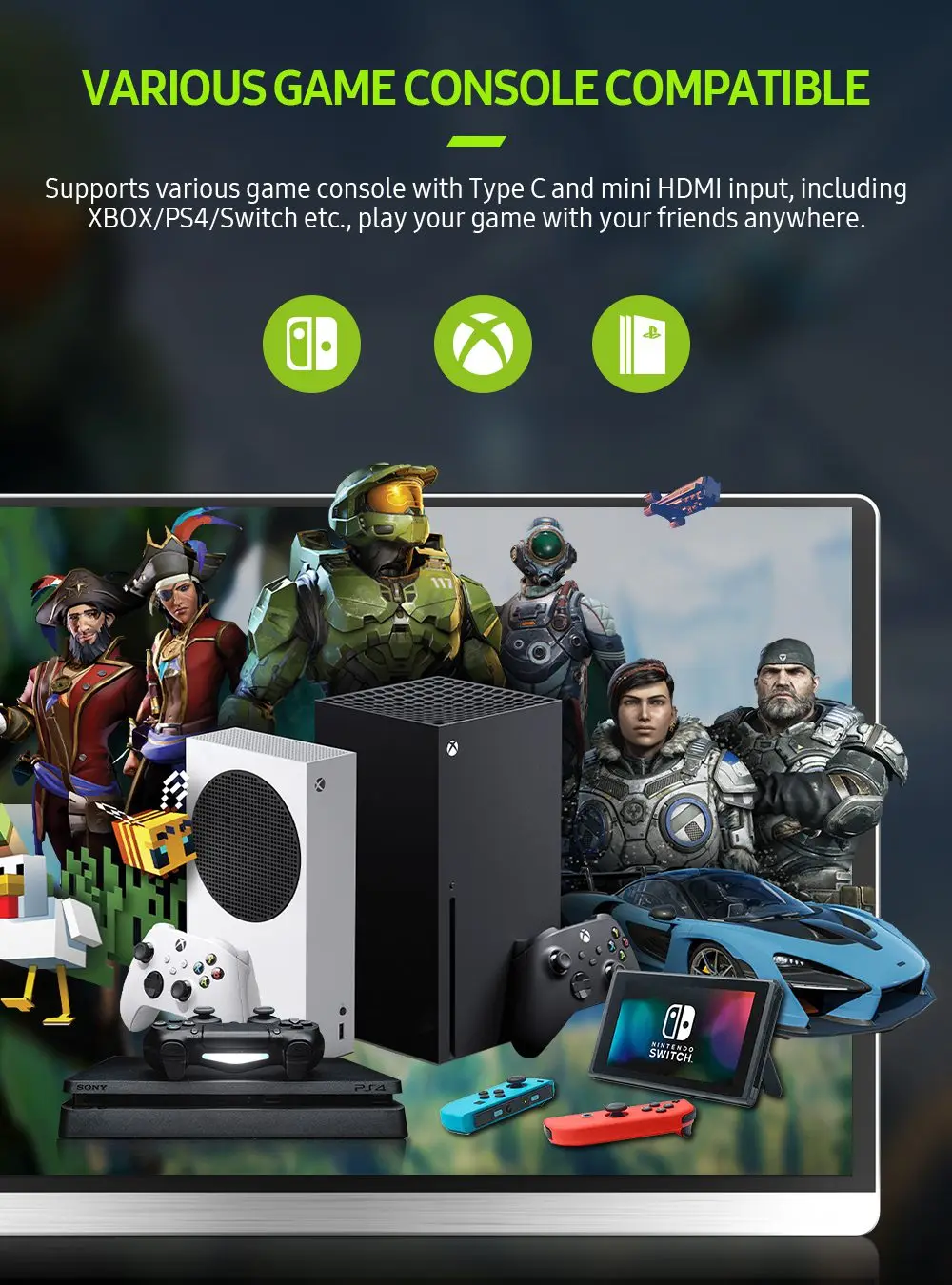 저렴한 EVICIV-15.6 인치 4K 모니터, Xbox One X S 콜 오브 듀티 4 UHD 휴대용 디스플레이 타입 C 미니 HDMI 노트북 두 번째 화면 PS4 Pro