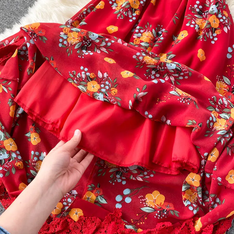 

French Print Women Dress Sweet Puff Sleeve V Neck Hollow Lace Dresses Summer A-line Holiday Beach Long Dress 2021