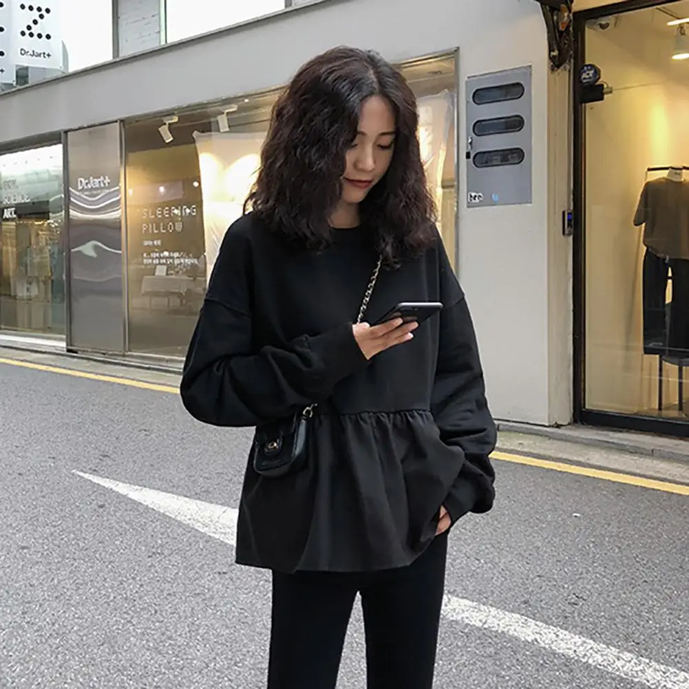 

2021 New Women Solid Color Blouse Long Sleeve O Neck Large Hem Loose Sweatshirt Pullover For Spring