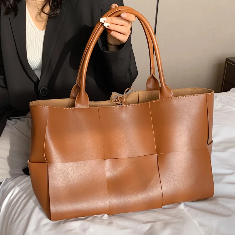 

Big Size Woven Tote Bags for Women Luxury Soft Leather Shoulder Bag Large Capacity Shopper Bag Ladies Weave Plaid Hand Bags Sac
