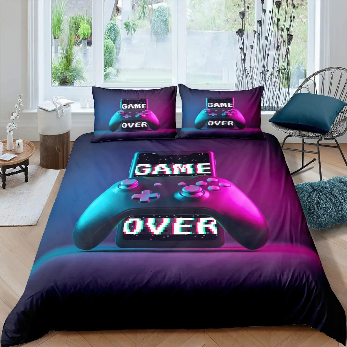 

Black Gamepad Bedding Set Modern Gamer Comforter Cover Video Game Duvet For Boys Kids Colorful Action Buttons Printed Bedclothes