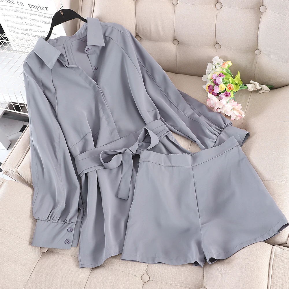 Трендовая Свободная рубашка с длинными рукавами и поясом шорты высокой талией