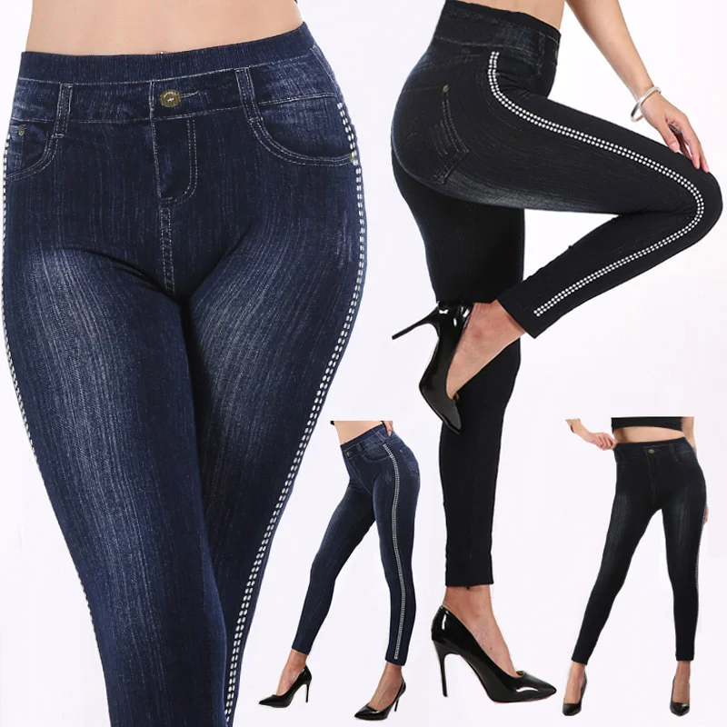 

Autumn women's imitation denim Leggings cotton fashion side dot high waist Capris skinny jeans woman