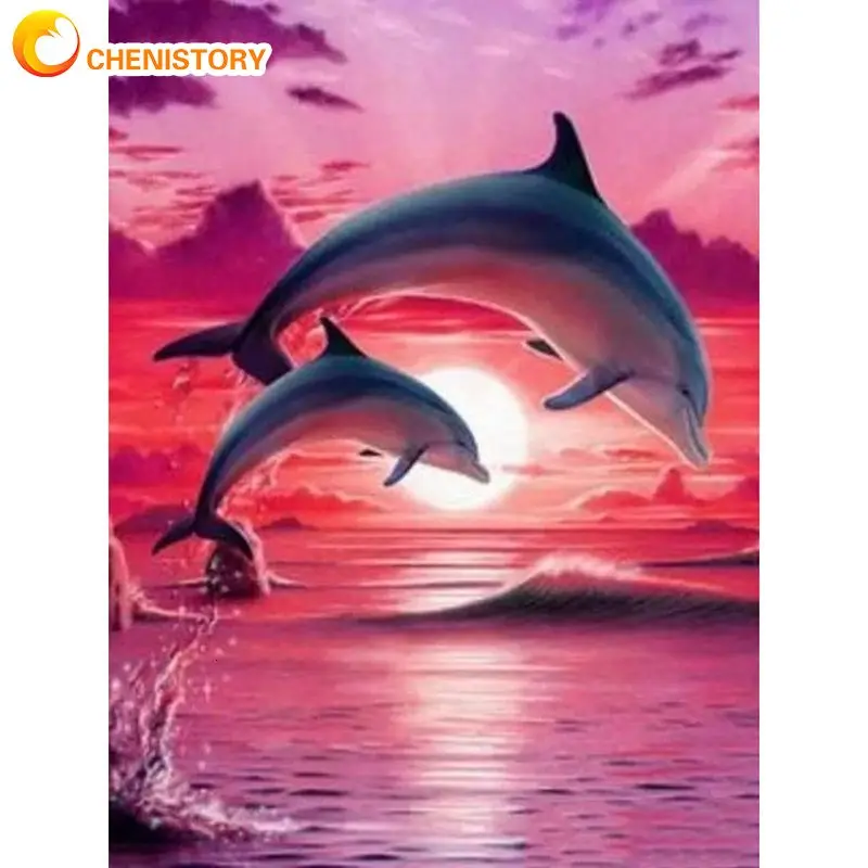 

CHENISTORY Painting By Numbers Kits For Adults Diy Framed Dolphin On Ocean Animal HandPainted Diy Oil Paintd For Home Wall Decor