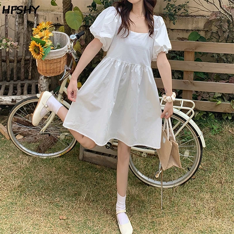 

Dress Women Hot Selling Vintage Lovely Puff Sleeve Summer Chic High Waist Preppy Girls Dresses Trendy Solid Ins Vestido