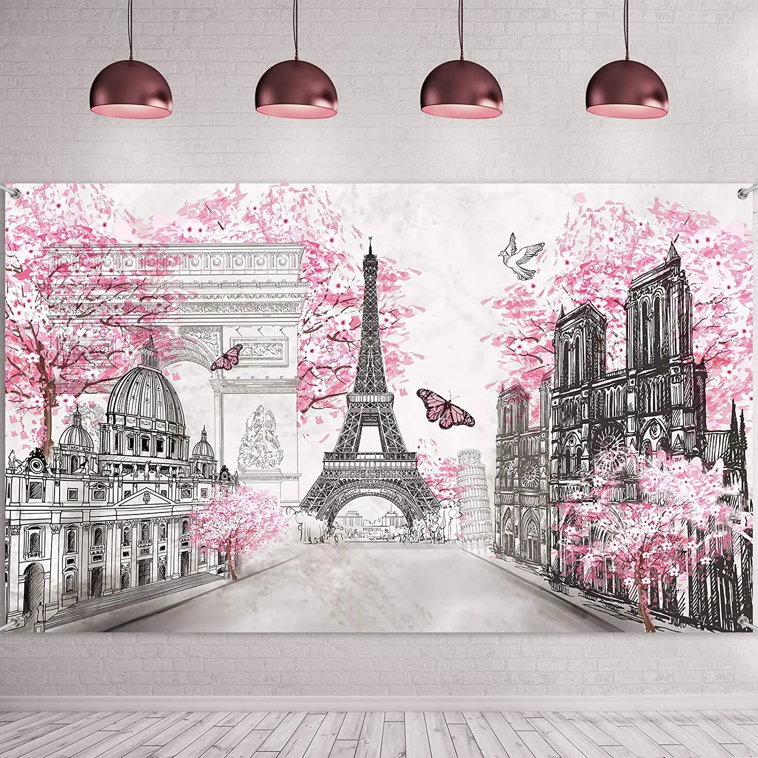 

Настенный фон с изображением Парижа, гобелен, Эйфелевой башни, фото плакат, Европейский городской пейзаж, Розовый Настенный декор