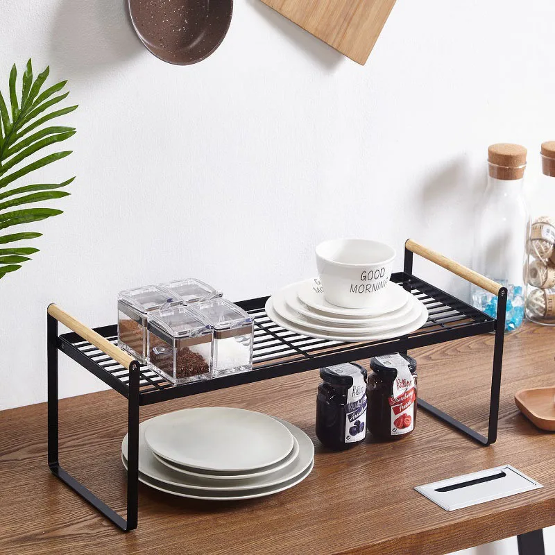 

Japanese Wooden Handle Storage Rack Kitchen Double-Layer Drainage Household Cookware Shelf
