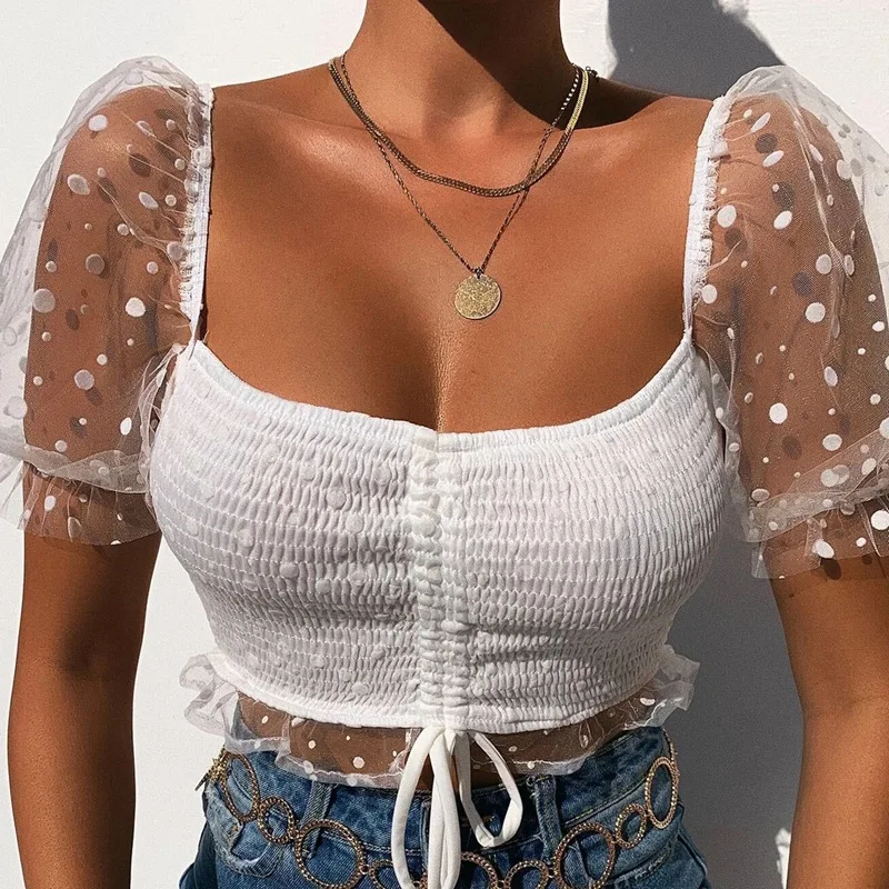 

Женские модные сексуальные короткие топы в горошек с пупком и рукавами-фонариками