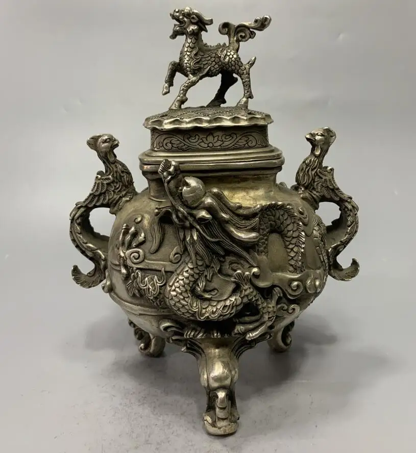 

China White copper archaize dragon phoenix Incense burner crafts statue