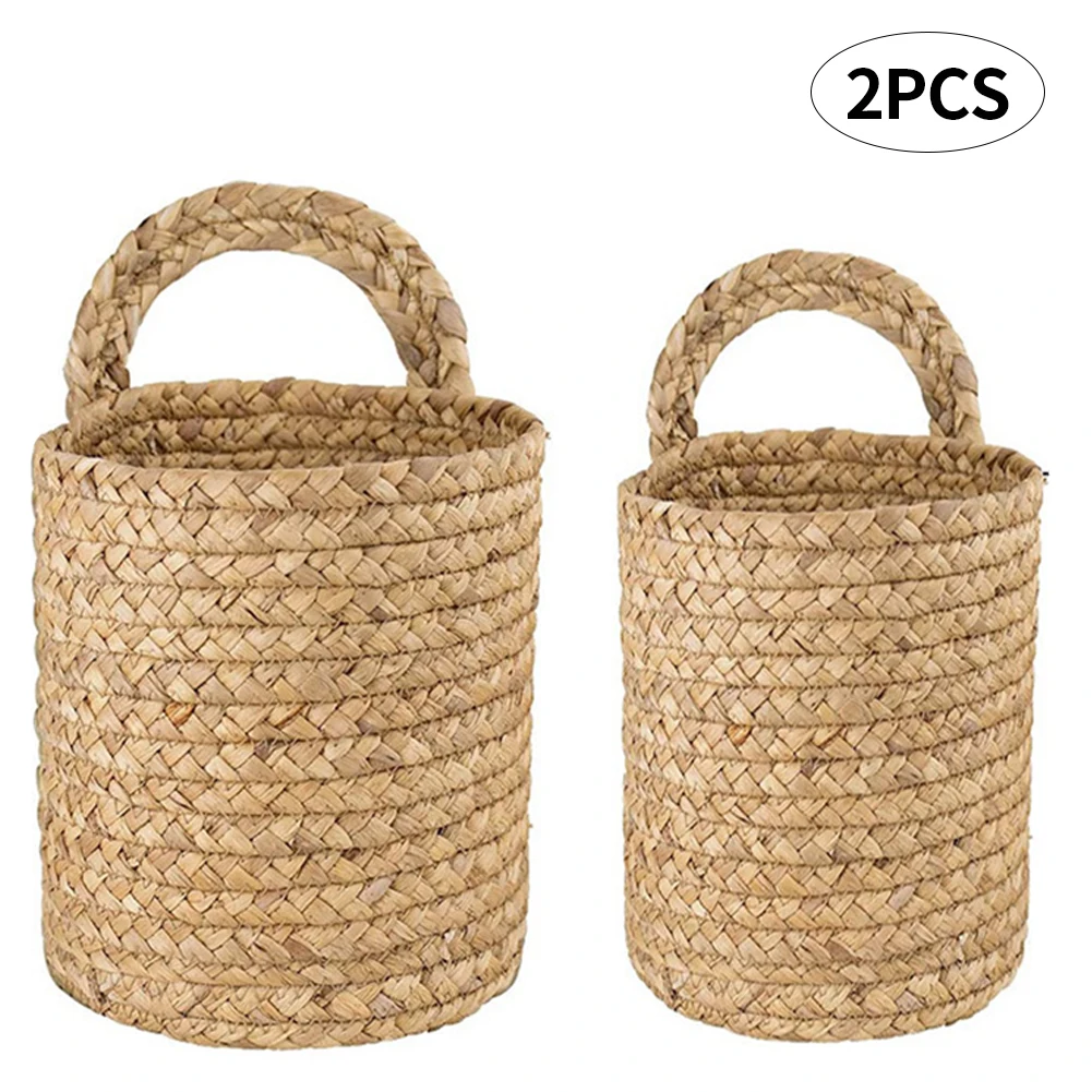 

2PCS Woven Basket Seagrass Flower Pot Hanging Plant Basket Storage Organizer with Handle for Home Decoration Fruit Bread Storage