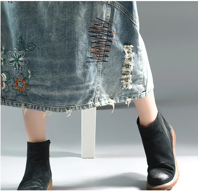Женская юбка с цветочной вышивкой осенняя джинсовая эластичной резинкой на