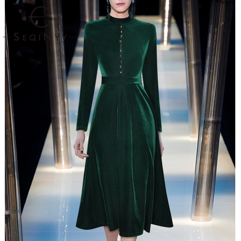 

Женское вельветовое платье с пуговицами SEQINYY, зеленое элегантное теплое платье-трапеция средней длины, Осень-зима 2020