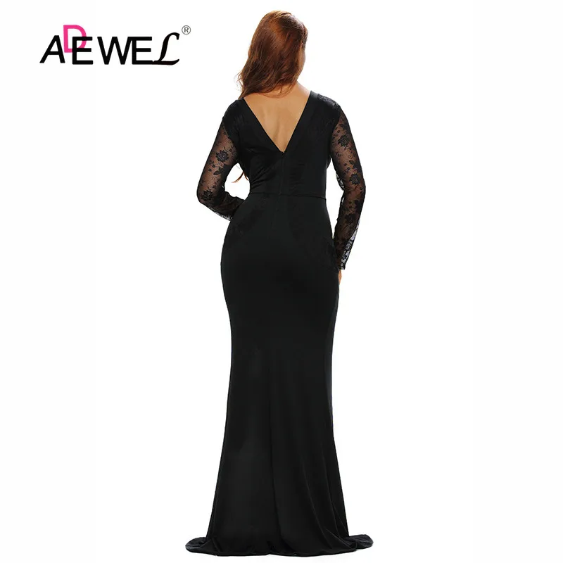 Женское кружевное платье с длинным рукавом ADEWEL Черное длинное разрезом спереди и