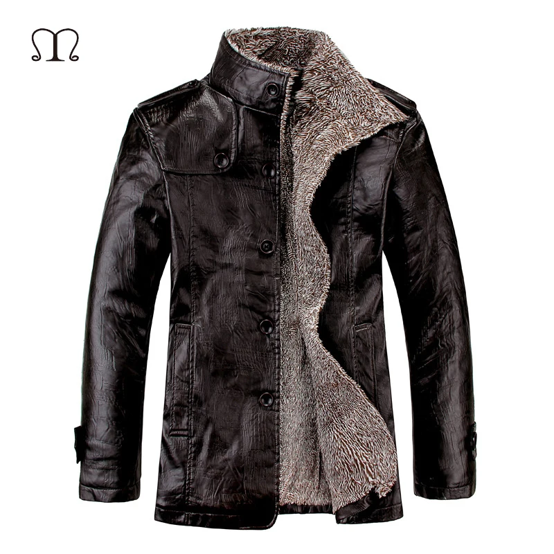 

Vintage PU Leather Jackets Men's Winter Warm Thicken Faux Fur Fleece Liner Men Jacket Windproof Stand Collar Slim Fit Male Coat