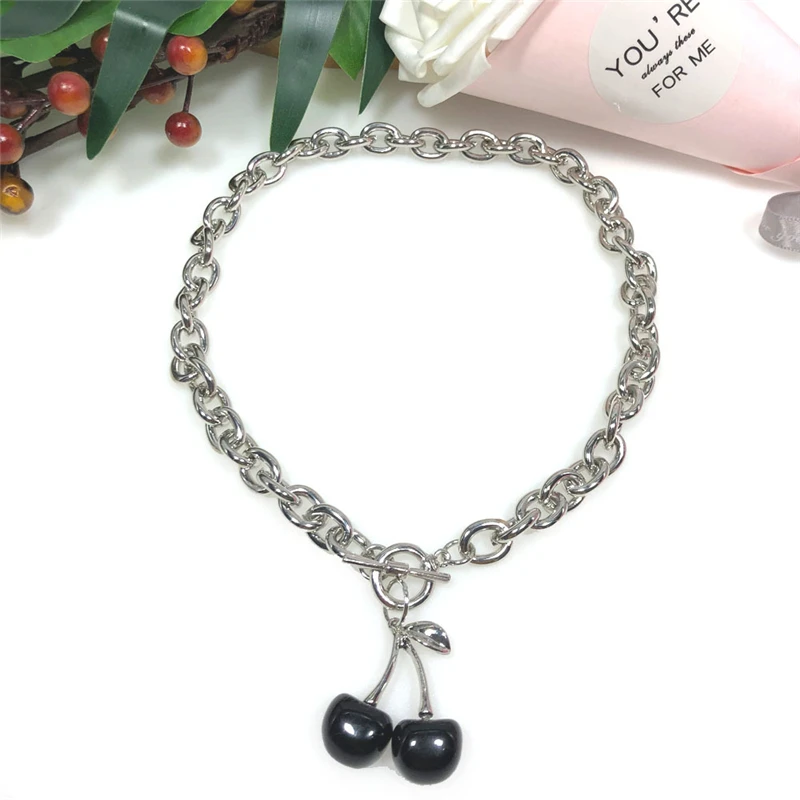 

Luokey Black Cherry Choker Necklace For Women Thick Chain Hip Hop Punk Collares Silver Color Gothic Jewelry Accesorios Mujer New