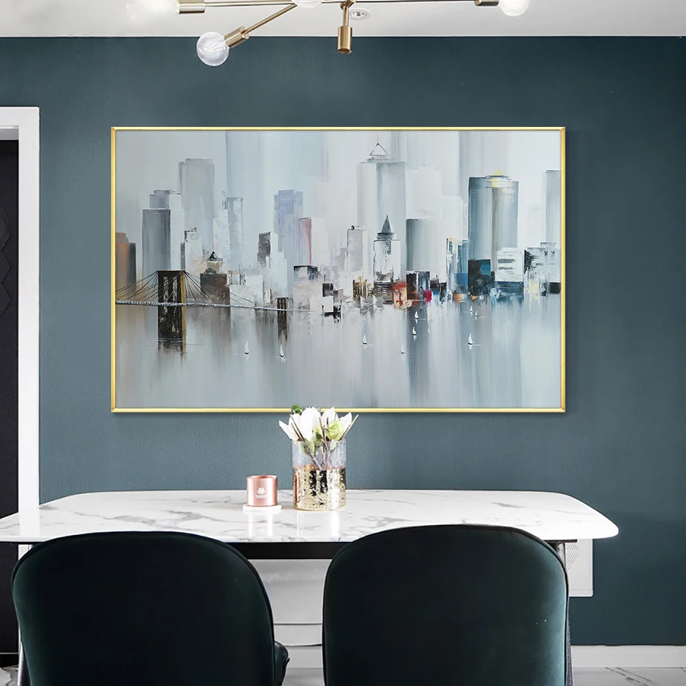 Абстрактные большие городские здания на реке с небольшими лодками 100% ручная