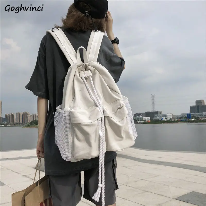 

School Bags Solid Black White String Canvas Fashion Backpack String Student College Book Bag Large Capacity Rucksack Trendy Chic