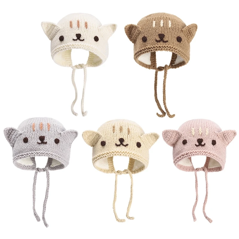 

Autumn Winter Warm Cute Cat Baby Knitted Plush Beanie Cap Ear Protection Solid Color Hat for Newborn Kids Photograph Props