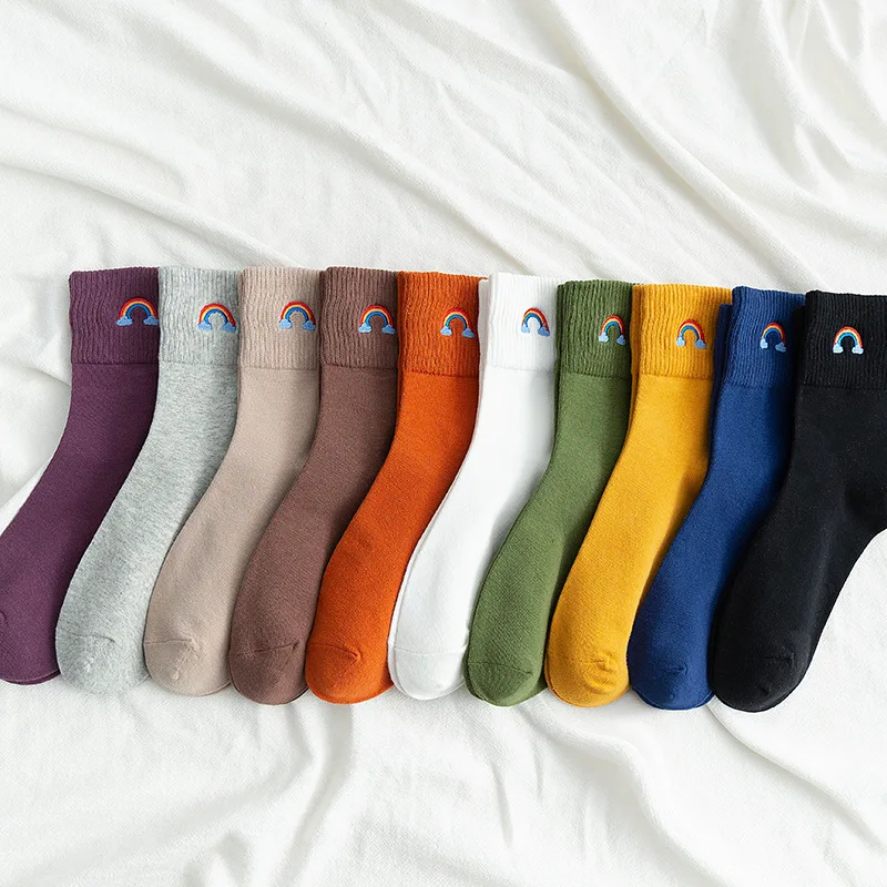 

5 Pairs Embroidered Socks 2020 New Socks Women's Tube Socks Japanese Rainbow Embroidery Women's Socks Cotton Pile Socks Women