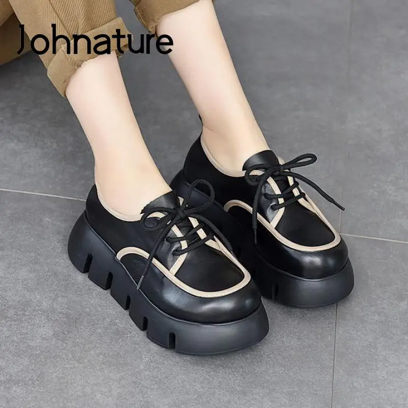 

Johnature Pumps Women Shoes Genuine Leather Round Toe 2022 New Autumn British Style Handmade Concise Sewing Platform Heels Shoes
