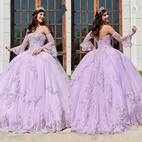 popular lavender long sleeves quinceanera dresses 2021 new lace applique plus size lace up church bridal wear sweet 16 prom gown
