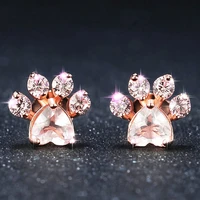 huami 2021 cat paw earrings for women fashion jewelry pink crystal zircon sweet cute girl style dog paw stud earring gift friend