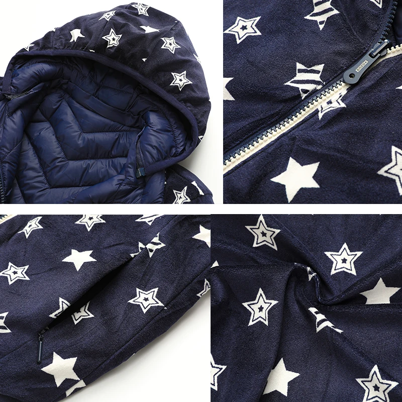 

KOCMOC Boys Stars Velvet Double Side Down Jacket Outerwear Detachable Cap Warm Kids Cotton Coats For Age 8-16 Years Old 66611