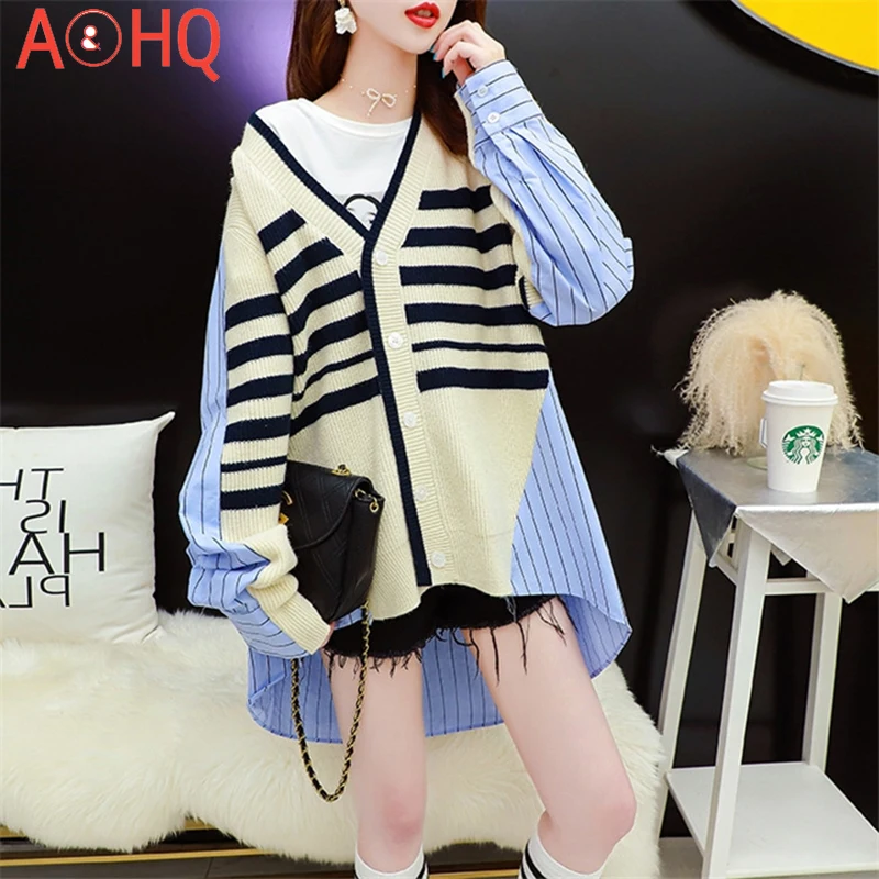 

Striped Sweater Women's Stitching Fashionable Knitted Cardigan Top Loose and All-match Outer Wear