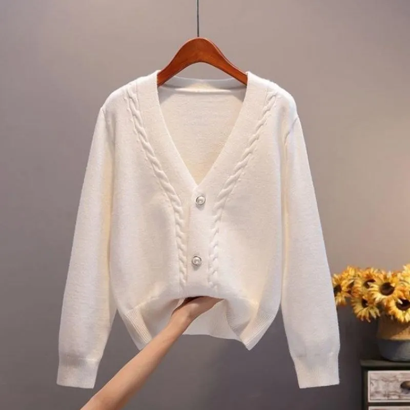 

2021 Autumn Women Fashion Long Sleeve V-Neck Solid Knitted Sweaters Casual Button Loose Cardigans All Match Winter Outwear Coat