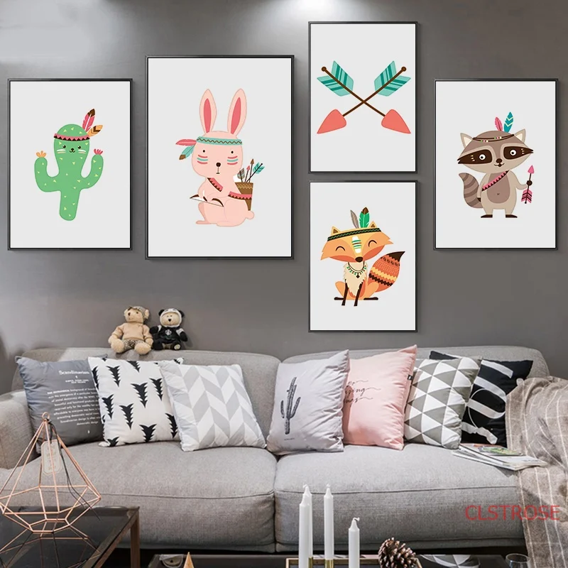 Мультяшный кролик лиса кактус стрела животные скандинавские плакаты и принты