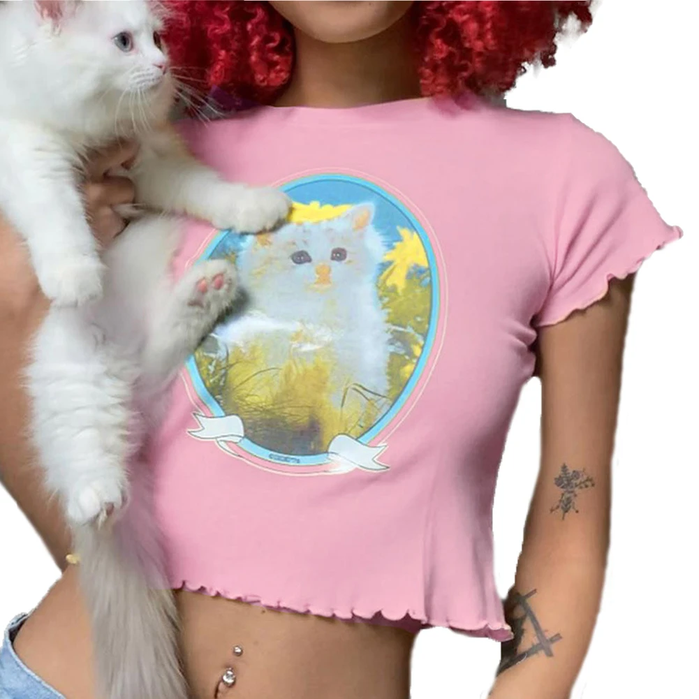 

Harajuku Cat Print Women Summer T-shirt Gothic Bodycon Short Sleeve Crop Tops Streetwear Sexy Ruffles Female Short Top
