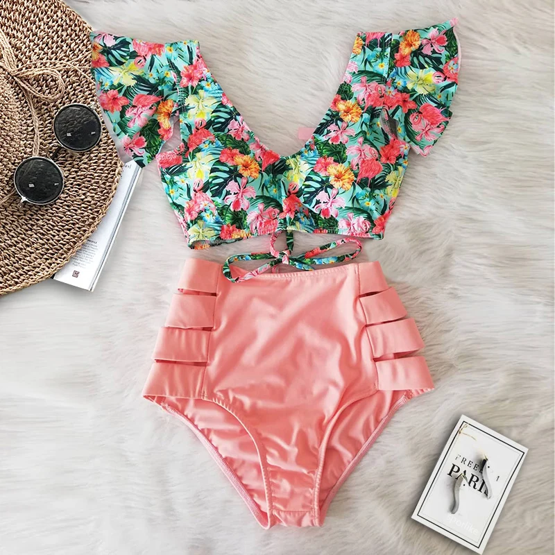 Sexy Bikinis 2021 New Double Shoulder Ruffle Bikini Set High Waist Swimwear Women Swimsuit V-Neck Bathing Suit Beach Wear Swim