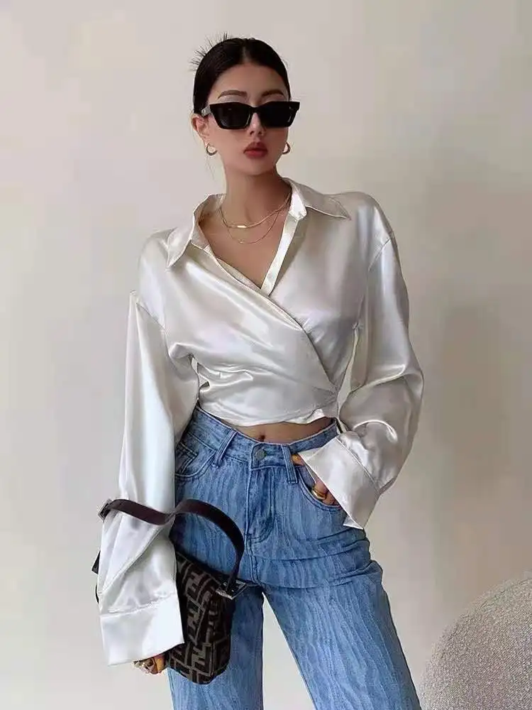 

2021 Summer Long Sleeve White Blouse Women V-neck Streetwear Strappy Shirt Women's Loose-fitting Solid Tops Design Shirt 15602