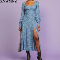 xnwmnz women 2020 fitted bodice relaxed skirt side slit midi dress fashion casual vestido chic print female ladies dresses