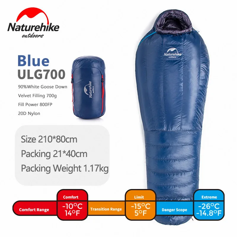 ULG700-Blue Naturehike Кемпинг гусиный пух заполняющий 800FP зимний спальный мешок 20D нейлон Сверхлегкий утолщенный Мумия водонепроницаемый теплый спальный мешок - Цвет: ULG700-Blue
