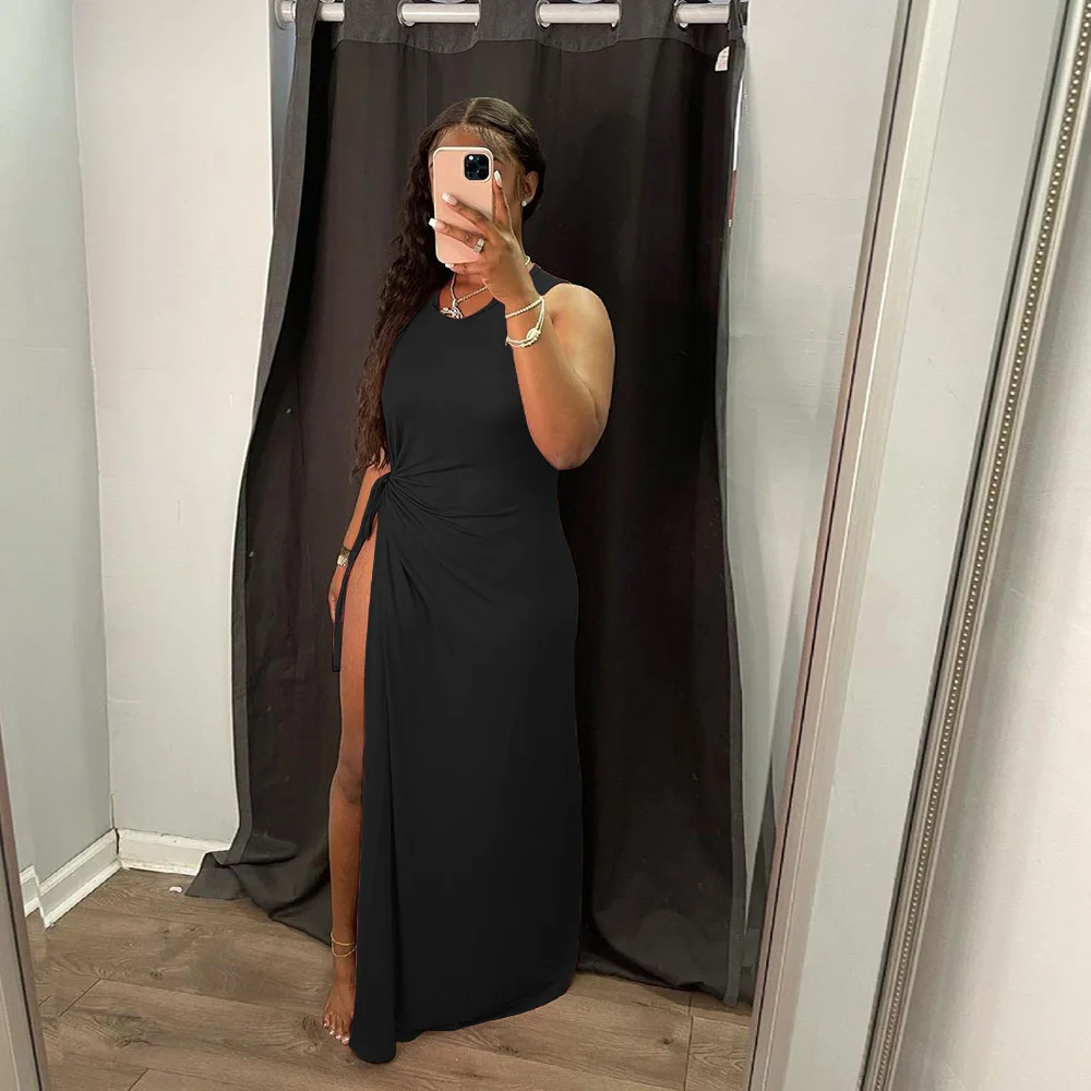 

Женское платье-макси без рукавов, однотонное ажурное платье с высоким разрезом сбоку, одежда для вечеринки и ночного клуба, 2021