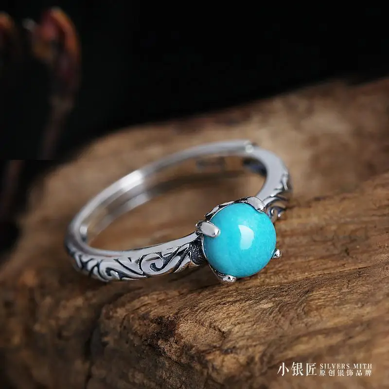 

S925 Sterling Silver Ring Women's Natural Turquoise Opening Ring Thai Silver Handmade Carved Retro Unique Crystal