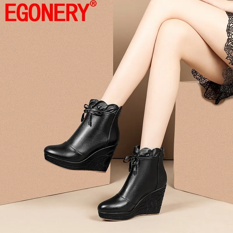 

EGONERY Platform Wedges High Heel Ankle Boots Women New Style Drop Shipping Fashion Shoes Genuine Leather Back Zipper Booties