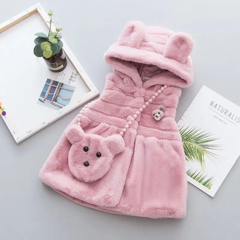 Dark Pink Детские толстовки с капюшоном с рисунком медведя, жилет для девочек, бархатный жилет для малышей, меховые пальто без рукавов, милый жилет для маленьких девочек, зимняя верхняя одежда - Цвет: Dark Pink