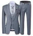 Деловой мужской костюм из 3 предметов, приталенный смокинг в горошек с отворотами, смокинг для свадьбы, розовый, серый (Блейзер + жилет + брюки)
