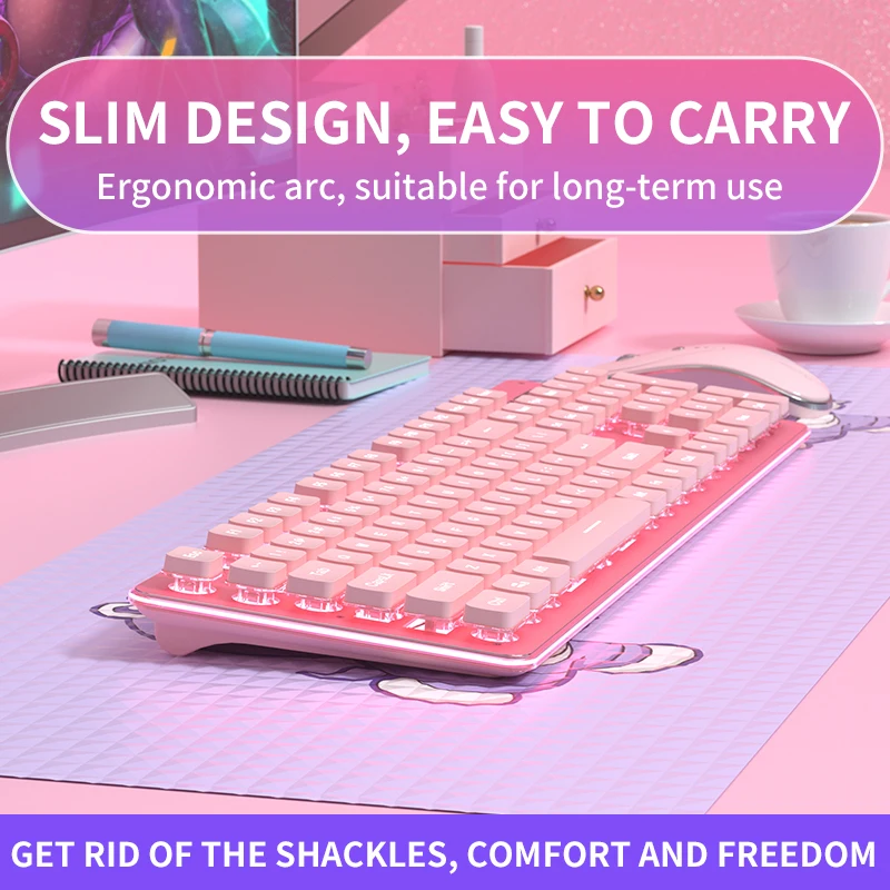 104 key rechargeable wireless bluetooth gaming keyboard and mouse set pink cute ultra thin suitable for home office game free global shipping